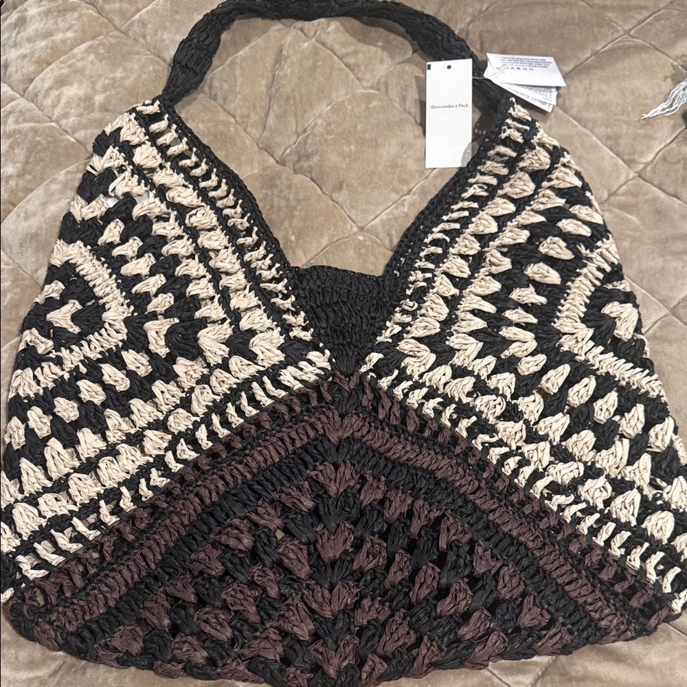 Abercrombie & Fitch Black, Cream & Brown Woven Crochet Shoulder Bag